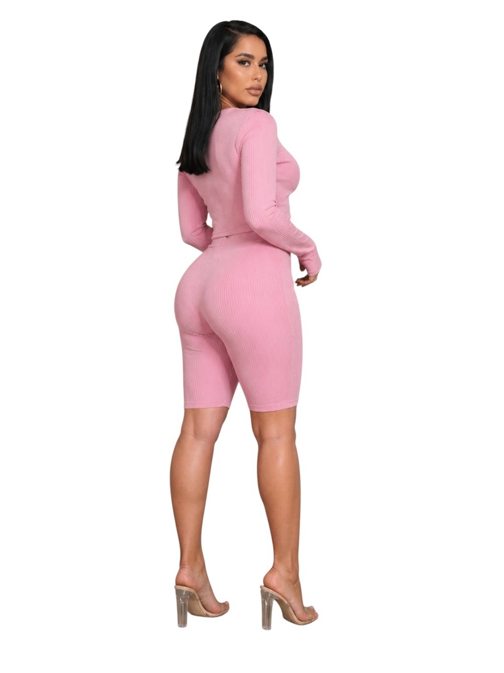 Pink Ribbed Two-Piece Zip Front Lounge Set - Picture 4 of 8